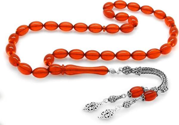925 Ayar Gümüş Çift Püsküllü Arpa Kesim Amber Kırmızı Ateş Kehribar Tesbih - Image 1