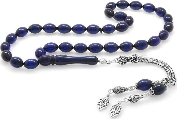 925 Ayar Gümüş Çift Püsküllü Arpa Kesim Lacivert Sıkma Kehribar Tesbih - Image 1