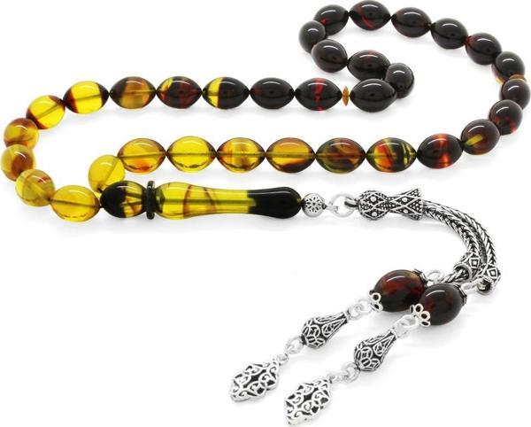 925 Ayar Gümüş Çift Püsküllü Arpa Kesim Süzme Bala-Siyah Ateş Kehribar Tesbih - Image 1