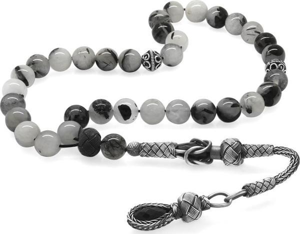 1000 Ayar Gümüş Kazaz Püsküllü Küre Kesim Rutil Kuvars Doğaltaş Tesbih - Image 1