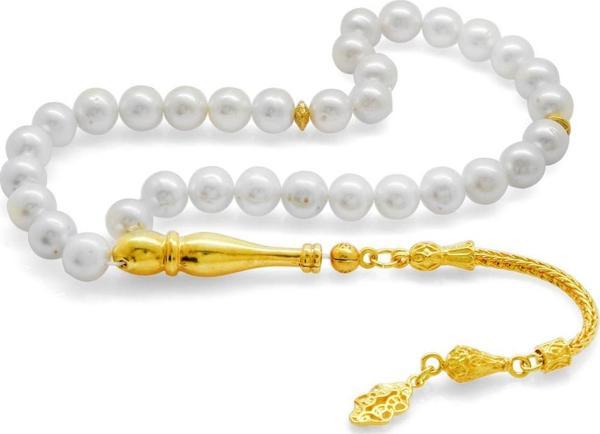 925 Ayar Gümüş Gold Püsküllü Küre Kesim İnci Doğaltaş Tesbih - Image 1