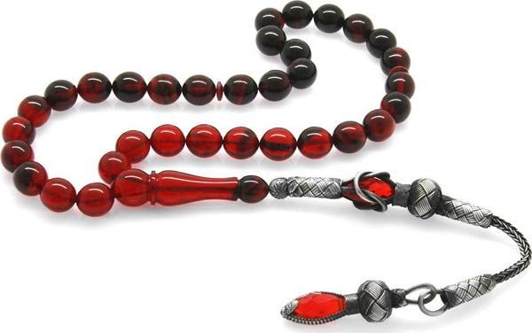 1000 Ayar Gümüş Kazaz Püsküllü Küre Kesim Süzme Kırmızı-Siyah Ateş Kehribar Tesbih - Image 1