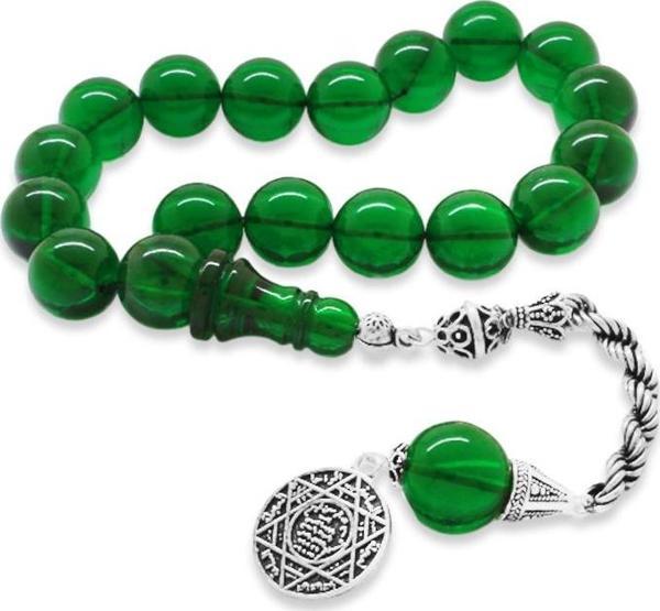 925 Ayar Gümüş Halat Püsküllü Küre Kesim Zümrüt Yeşil Ateş Kehribar Tesbih - Image 1