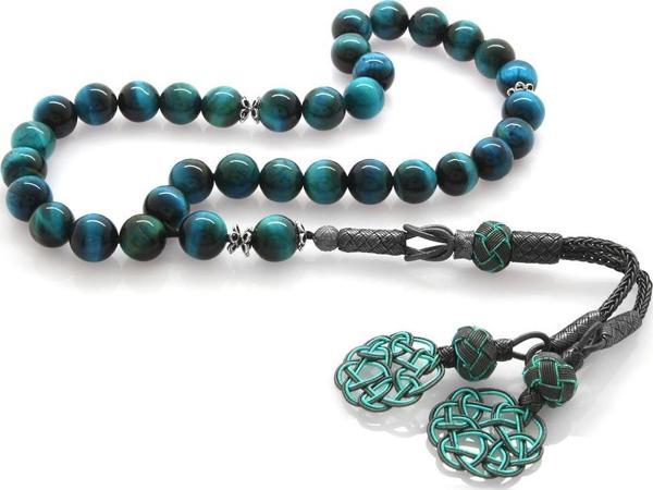 1000 Ayar Gümüş Kazaz Püsküllü Küre Kesim Turkuaz Kaplangözü Doğaltaş Tesbih - Image 1