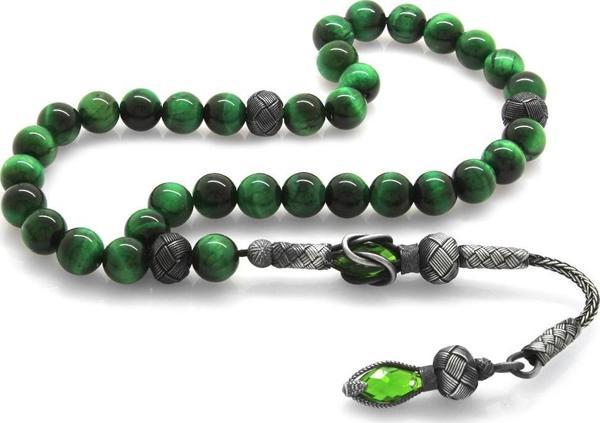 1000 Ayar Gümüş Kazaz Püsküllü Küre Kesim Yeşil Kaplangözü Doğaltaş Tesbih - Image 1