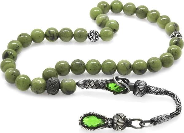 1000 Ayar Gümüş Kazaz Püsküllü Küre Kesim Yeşim Doğaltaş Tesbih - Image 1