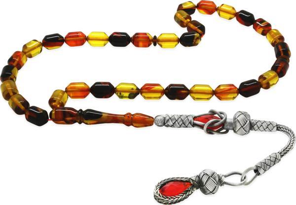 1000 Ayar Gümüş Kazaz Püsküllü Uçlu Kapsül Kesim Bala-Siyah Ateş Kehribar Tesbih - Image 1