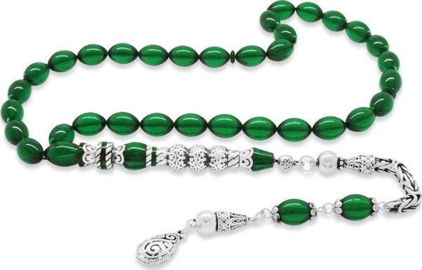 925 Ayar Gümüş Kral Püsküllü Gümüş Üç Şerefeli Nakkaş İmameli Yeşil Ateş Kehribar Tesbih - Image 1