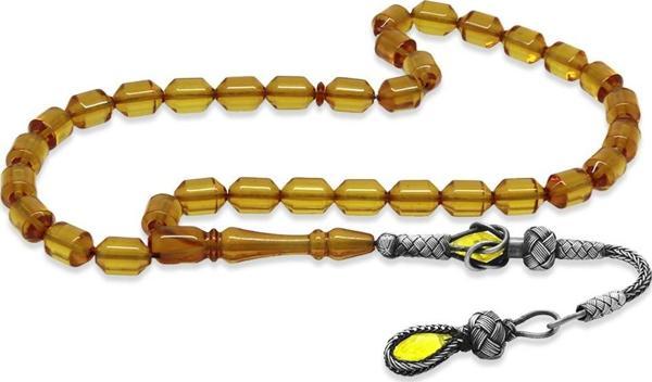 1000 Ayar Gümüş Kazaz Püsküllü Uçlu Kapsül Kesim Sarı Ateş Kehribar Tesbih - Image 1