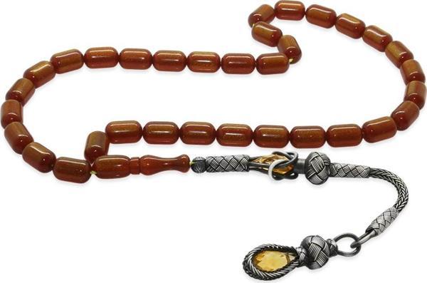 1000 Ayar Gümüş Kazaz Püsküllü Uçlu Kapsül Kesim Sarı Simli Kırmızı Ateş Kehribar Tesbih - Image 1