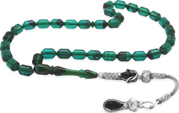 1000 Ayar Gümüş Kazaz Püsküllü Uçlu Kapsül Kesim Turkuaz-Siyah Ateş Kehribar Tesbih - Image 1