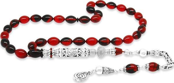 925 Ayar Gümüş Kral Püsküllü Nakkaş İmameli Cevşen Tasarım Kırmızı-Siyah Ateş Kehribar Tesbih - Image 1