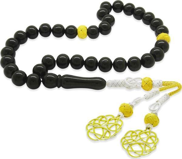 1000 Ayar Gümüş Sarı-Beyaz Kazaz Püsküllü Küre Kesim Erzurum Oltu Taşı Tesbih - Image 1