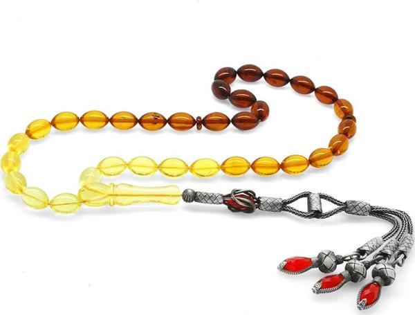 1000 Ayar Gümüş Tria Kazaz Püsküllü Arpa Kesim Kırmızı-Sarı Damla Kehribar Tesbih - Image 1