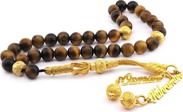 1000 Ayar Kazaz İsim Yazılı Püsküllü Küre Kesim Kaplangözü Doğaltaş Tesbih - Image 1