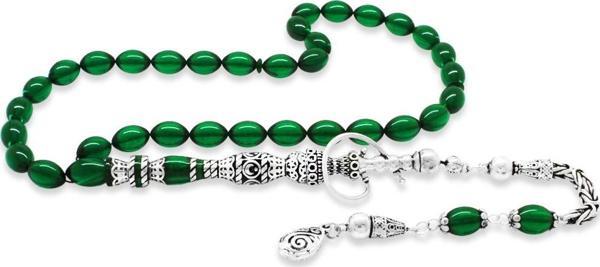 925 Ayar Gümüş Kral Püsküllü Nakkaş İmameli Nargile Tasarım Yeşil Ateş Kehribar Tesbih - Image 1