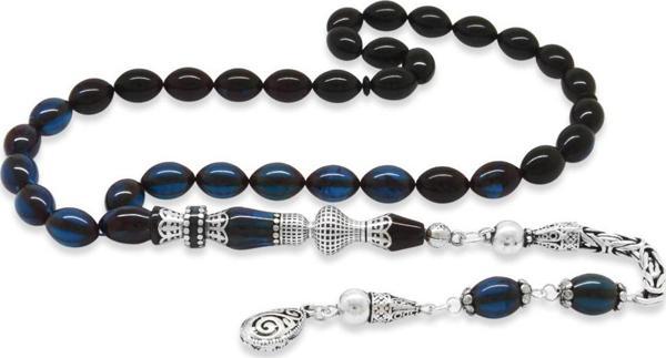 925 Ayar Gümüş Kral Püsküllü Nakkaş İmameli Süzme Mavi-Siyah Sıkma Kehribar Tesbih - Image 1