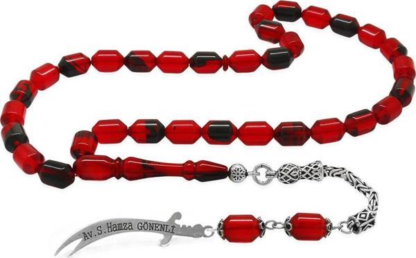 925 Ayar Gümüş Kral Püsküllü Uçlu Kapsül Kesim Kişiye Özel İsim Yazılı Kırmızı-Siyah Ateş Kehribar Tesbih - Image 1