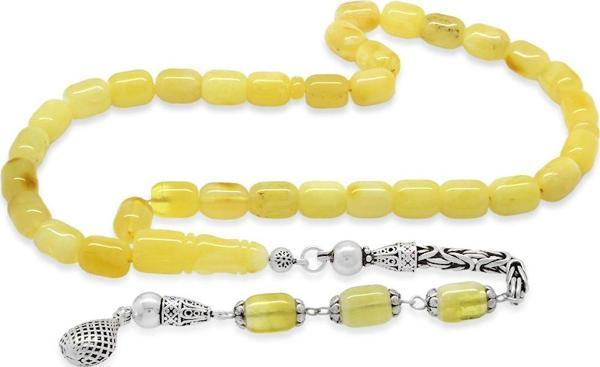 925 Ayar Gümüş Kral Zincir Helezon Uç Püsküllü Kapsül Kesim Beyaz-Sarı Renk Patinli Doğal Damla Kehribar Tesbih - Image 1