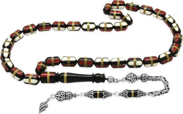 925 Ayar Gümüş Kral Zincir Püsküllü Kırmızı-Beyaz Mine Dolgulu Pirinç Sarmal Kapsül Kesim Kuka Tesbih - Image 1