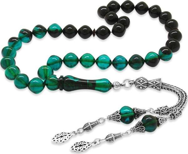 925 Ayar Gümüş Püsküllü İstanbul Kesim Süzme Turkuaz-Siyah Ateş Kehribar Tesbih - Image 1