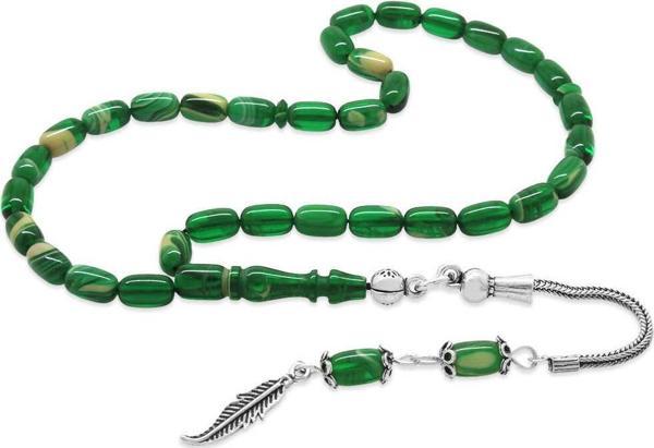 925 Ayar Gümüş Püsküllü Kapsül Kesim Bilek Boy Yeşil-Beyaz Ateş Kehribar Tesbih - Image 1