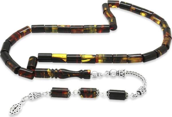 925 Ayar Gümüş Püsküllü Kesme Kesim Bala-Siyah Ateş Kehribar Tesbih - Image 1