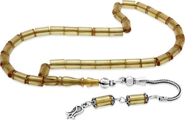 925 Ayar Gümüş Püsküllü Kesme Kesim Bilek Boy Saman Sarısı Ateş Kehribar Tesbih - Image 1