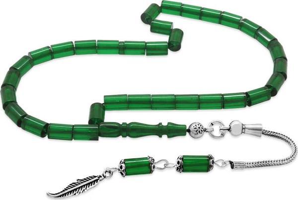 925 Ayar Gümüş Püsküllü Kesme Kesim Bilek Boy Yeşil Ateş Kehribar Tesbih - Image 1