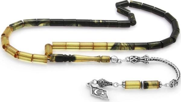 925 Ayar Gümüş Püsküllü Kesme Kesim Süzme Siyah-Beyaz Ateş Kehribar Tesbih - Image 1