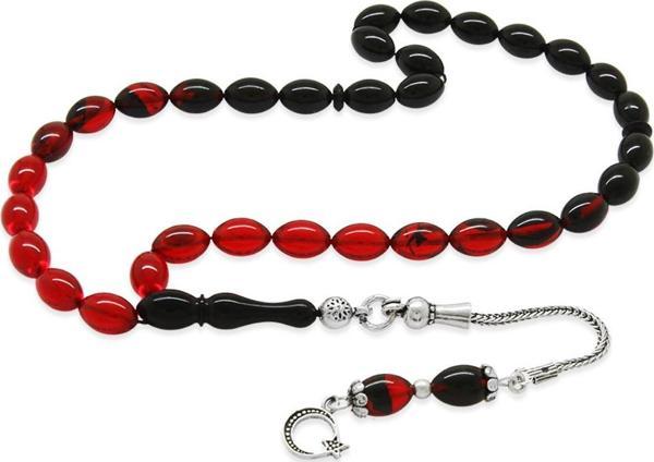 925 Ayar Gümüş Püsküllü Arpa Kesim Bilek Boy Süzme Kırmızı-Siyah Ateş Kehribar Tesbih - Image 1