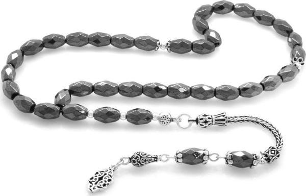 925 Ayar Gümüş Püsküllü Arpa Kesim Faset Hematit Doğaltaş Tesbih - Image 1