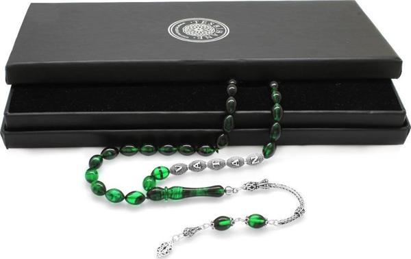 925 Ayar Gümüş Püsküllü Arpa Kesim Gümüş İsim Yazılı Süzme Yeşil-Siyah Ateş Kehribar Tesbih - Image 1