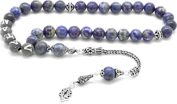 925 Ayar Gümüş Püsküllü Küre Kesim İsim Yazılı Hareli Mavi Lapis Doğaltaş Tesbih - Image 1