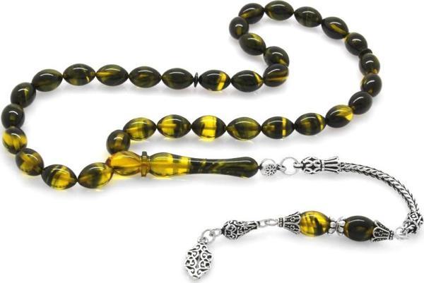 925 Ayar Gümüş Püsküllü Arpa Kesim Sarı-Siyah Ateş Kehribar Tesbih - Image 1