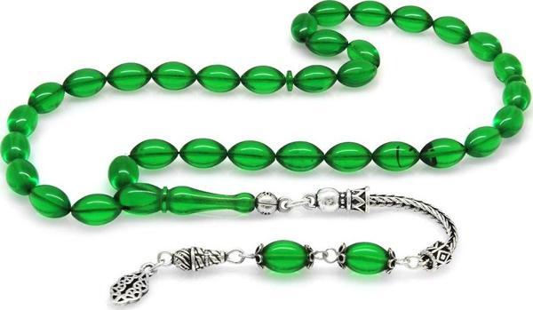 925 Ayar Gümüş Püsküllü Arpa Kesim Zümrüt Yeşil Ateş Kehribar Tesbih - Image 1