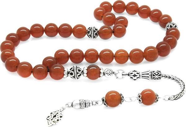 925 Ayar Gümüş Püsküllü Küre Kesim Kırmızı Akik Doğaltaş Tesbih - Image 1