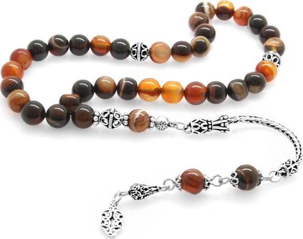 925 Ayar Gümüş Püsküllü Küre Kesim Kırmızı-Siyah Akik Doğaltaş Tesbih - Image 1