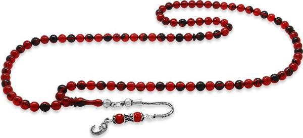 925 Ayar Gümüş Püsküllü Küre Kesim Kırmızı-Siyah Ateş Kehribar 99'luk Tesbih - Image 1