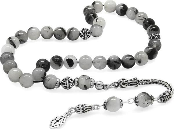 925 Ayar Gümüş Püsküllü Küre Kesim Rutil Kuvars Doğaltaş Tesbih - Image 1