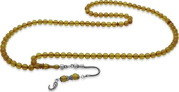 925 Ayar Gümüş Püsküllü Küre Kesim Sarı Ateş Kehribar 99'luk Tesbih - Image 1