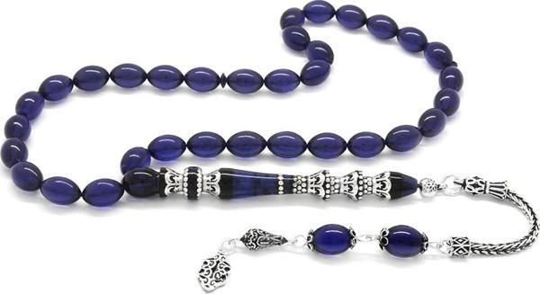 925 Ayar Gümüş Püsküllü Gümüş Minare Nakkaş İmameli Lacivert Sıkma Kehribar Tesbih - Image 1