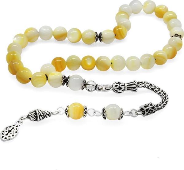 925 Ayar Gümüş Püsküllü Küre Kesim Sarı-Beyaz Sedef Doğaltaş Tesbih - Image 1