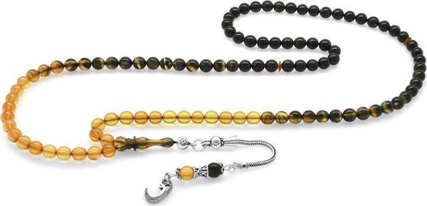 925 Ayar Gümüş Püsküllü Küre Kesim Süzme Beyaz-Siyah Ateş Kehribar 99'luk Tesbih - Image 1