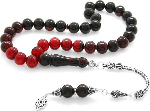925 Ayar Gümüş Püsküllü Küre Kesim Süzme Kırmızı-Siyah Ateş Kehribar Tesbih - Image 1