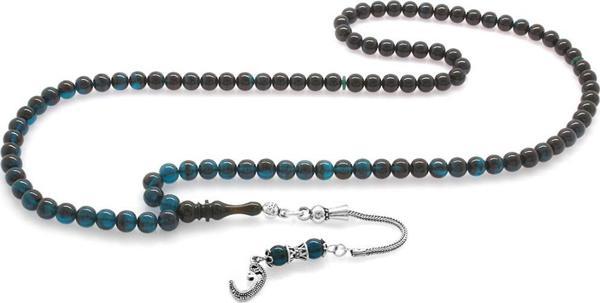 925 Ayar Gümüş Püsküllü Küre Kesim Süzme Turkuaz-Siyah Ateş Kehribar 99'luk Tesbih - Image 1