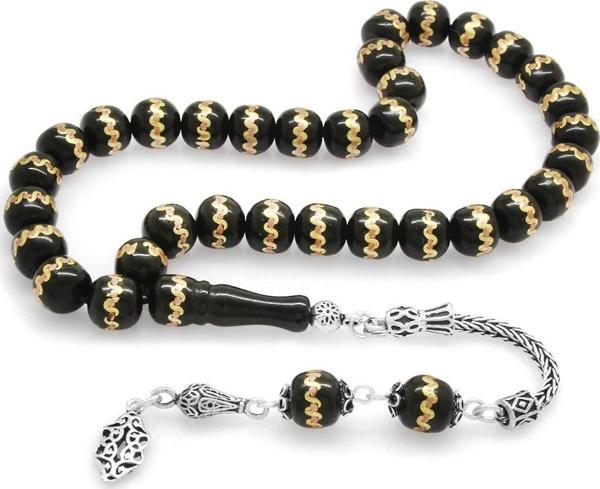 925 Ayar Gümüş Püsküllü Pirinç Sarmal İşlemeli Küre Kesim Rus Oltu Tesbih - Image 1