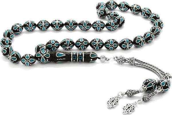 925 Ayar Gümüş Püsküllü Gümüş-Firuze İşlemeli Erzurum Oltu Taşı Tesbih - Image 1