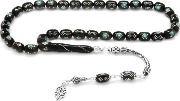 925 Ayar Gümüş Püsküllü Gümüş-Firuze İşlemeli Silindir Kesim Erzurum Oltu Taşı Tesbih - Image 1