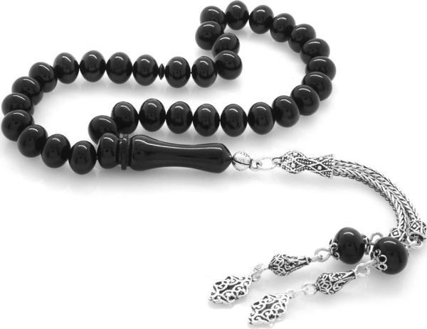 925 Ayar Gümüş Püsküllü Tekerlek Kesim Siyah Sıkma Kehribar Tesbih - Image 1